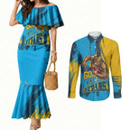 Personalised Gold Coast Titans Rugby Couples Matching Mermaid Dress and Long Sleeve Button Shirt Muscular Titan Mascot City Skyline Graphic