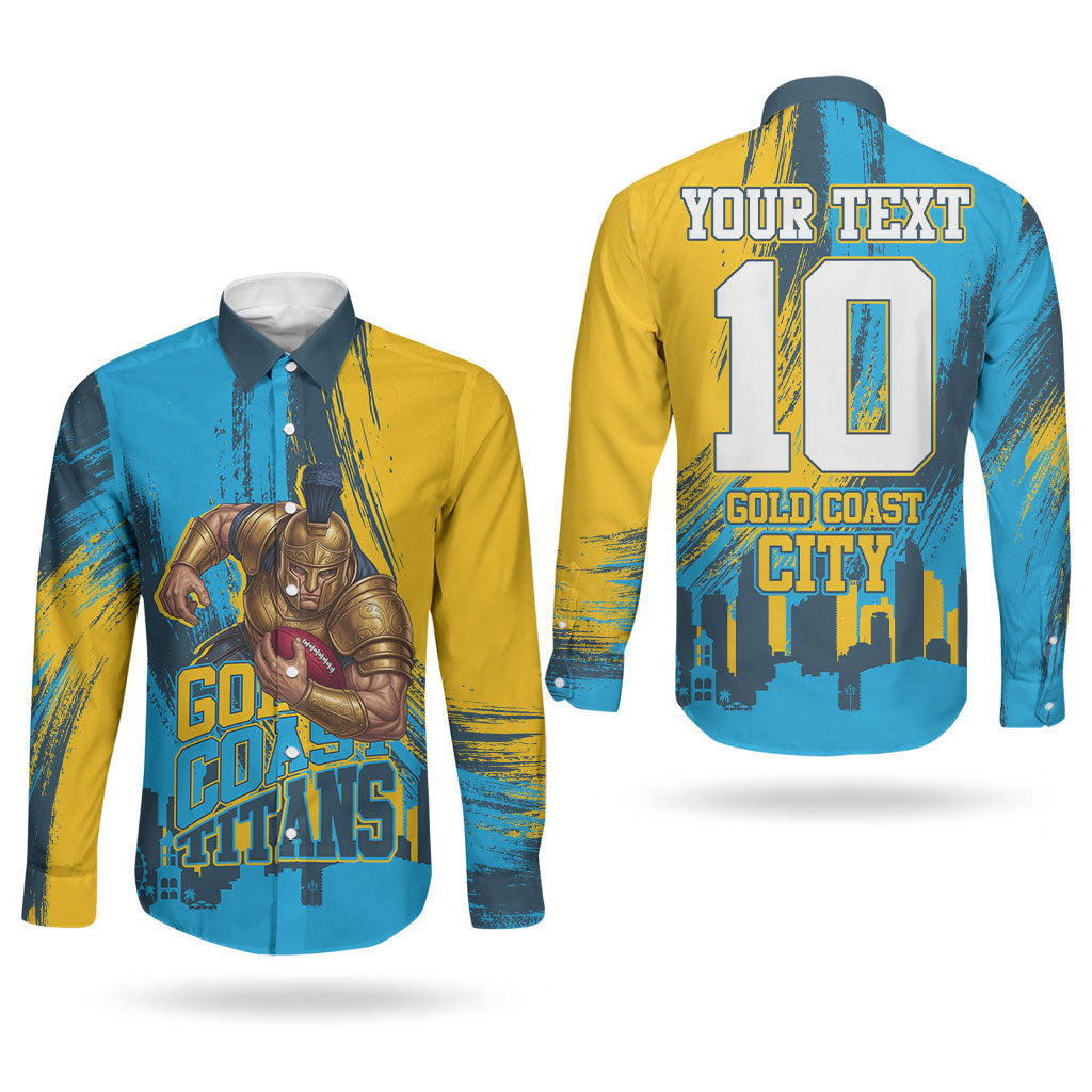 Personalised Gold Coast Titans Rugby Couples Matching Mermaid Dress and Long Sleeve Button Shirt Muscular Titan Mascot City Skyline Graphic
