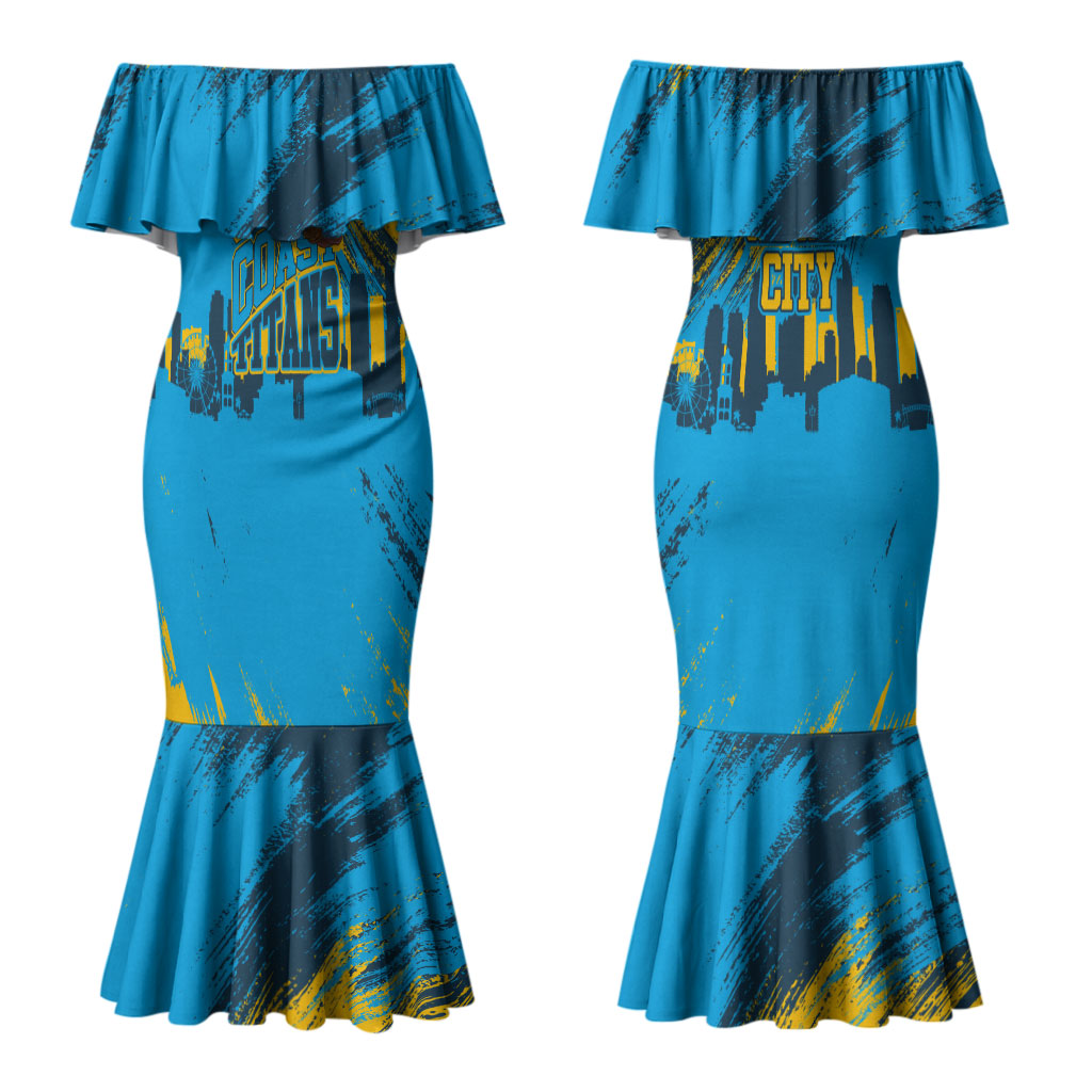 Personalised Gold Coast Titans Rugby Couples Matching Mermaid Dress and Long Sleeve Button Shirt Muscular Titan Mascot City Skyline Graphic