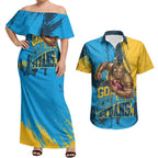 Personalised Gold Coast Titans Rugby Couples Matching Off Shoulder Maxi Dress and Hawaiian Shirt Muscular Titan Mascot City Skyline Graphic