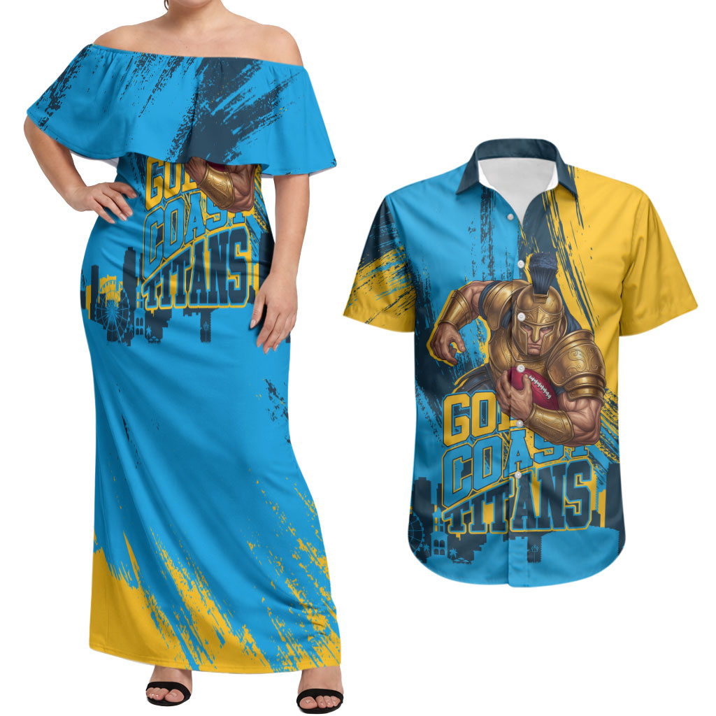 Personalised Gold Coast Titans Rugby Couples Matching Off Shoulder Maxi Dress and Hawaiian Shirt Muscular Titan Mascot City Skyline Graphic