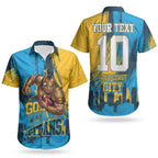 Personalised Gold Coast Titans Rugby Couples Matching Off Shoulder Maxi Dress and Hawaiian Shirt Muscular Titan Mascot City Skyline Graphic