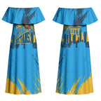 Personalised Gold Coast Titans Rugby Couples Matching Off Shoulder Maxi Dress and Hawaiian Shirt Muscular Titan Mascot City Skyline Graphic