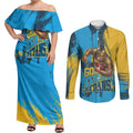 Personalised Gold Coast Titans Rugby Couples Matching Off Shoulder Maxi Dress and Long Sleeve Button Shirt Muscular Titan Mascot City Skyline Graphic