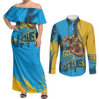 Personalised Gold Coast Titans Rugby Couples Matching Off Shoulder Maxi Dress and Long Sleeve Button Shirt Muscular Titan Mascot City Skyline Graphic