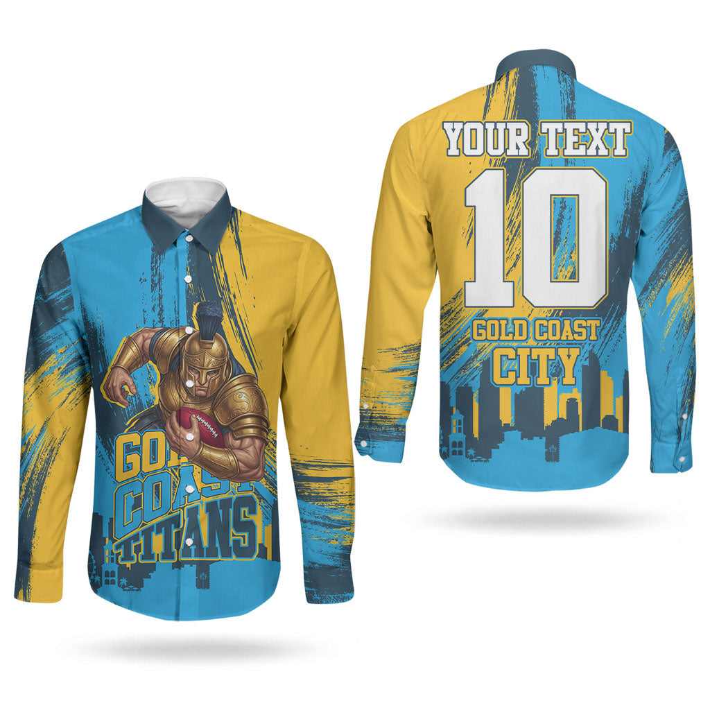 Personalised Gold Coast Titans Rugby Couples Matching Off Shoulder Maxi Dress and Long Sleeve Button Shirt Muscular Titan Mascot City Skyline Graphic