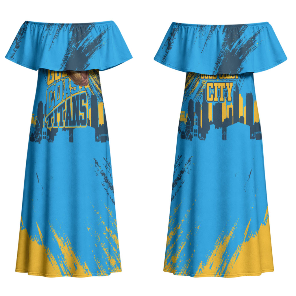 Personalised Gold Coast Titans Rugby Couples Matching Off Shoulder Maxi Dress and Long Sleeve Button Shirt Muscular Titan Mascot City Skyline Graphic