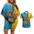 Personalised Gold Coast Titans Rugby Couples Matching Off Shoulder Short Dress and Hawaiian Shirt Muscular Titan Mascot City Skyline Graphic