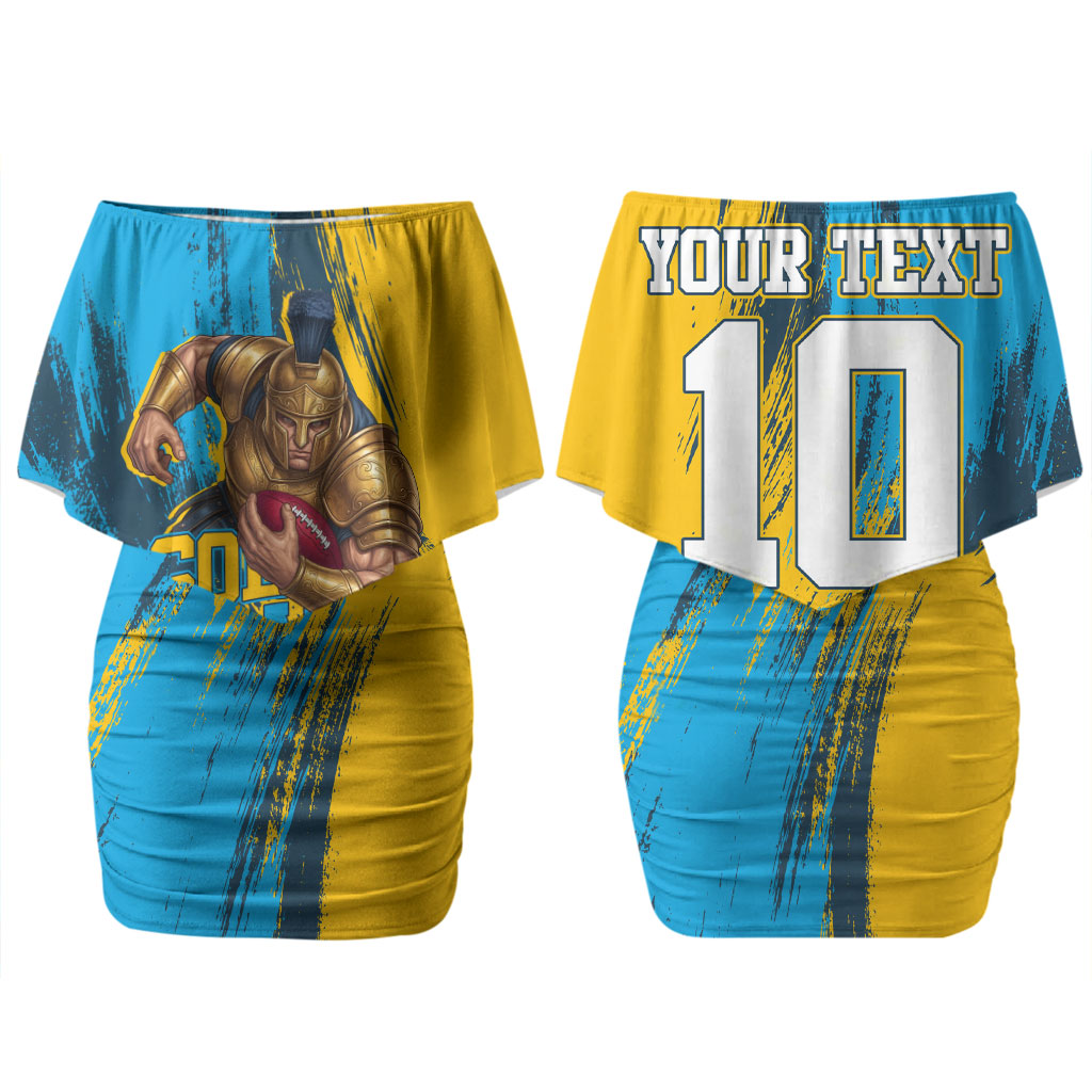 Personalised Gold Coast Titans Rugby Couples Matching Off Shoulder Short Dress and Hawaiian Shirt Muscular Titan Mascot City Skyline Graphic