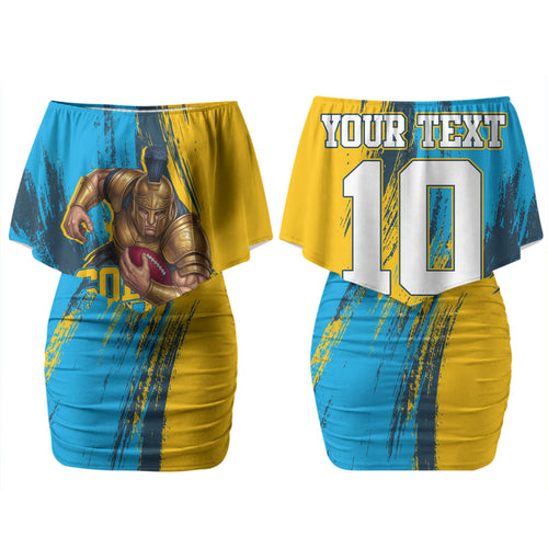 Personalised Gold Coast Titans Rugby Couples Matching Off Shoulder Short Dress and Hawaiian Shirt Muscular Titan Mascot City Skyline Graphic