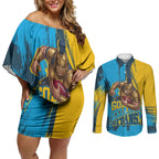 Personalised Gold Coast Titans Rugby Couples Matching Off Shoulder Short Dress and Long Sleeve Button Shirt Muscular Titan Mascot City Skyline Graphic