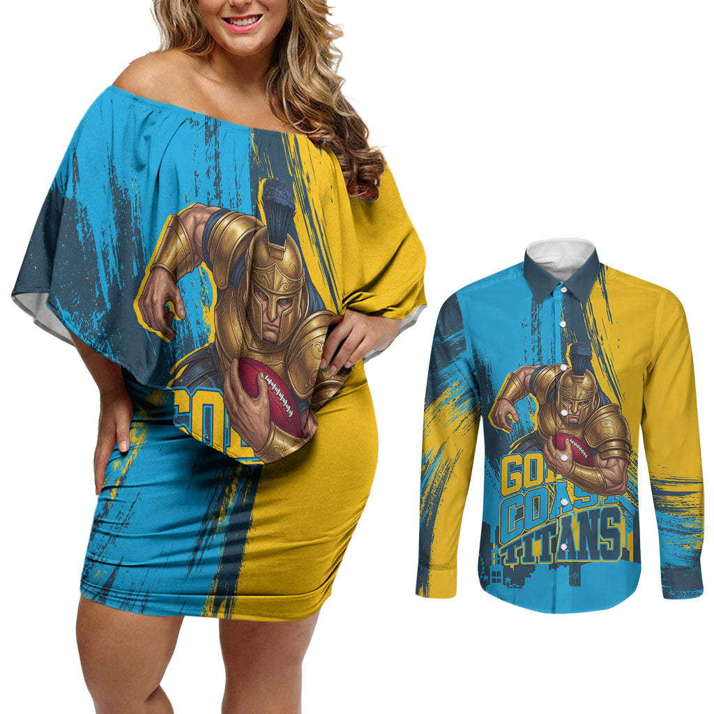 Personalised Gold Coast Titans Rugby Couples Matching Off Shoulder Short Dress and Long Sleeve Button Shirt Muscular Titan Mascot City Skyline Graphic