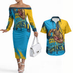 Personalised Gold Coast Titans Rugby Couples Matching Off The Shoulder Long Sleeve Dress and Hawaiian Shirt Muscular Titan Mascot City Skyline Graphic