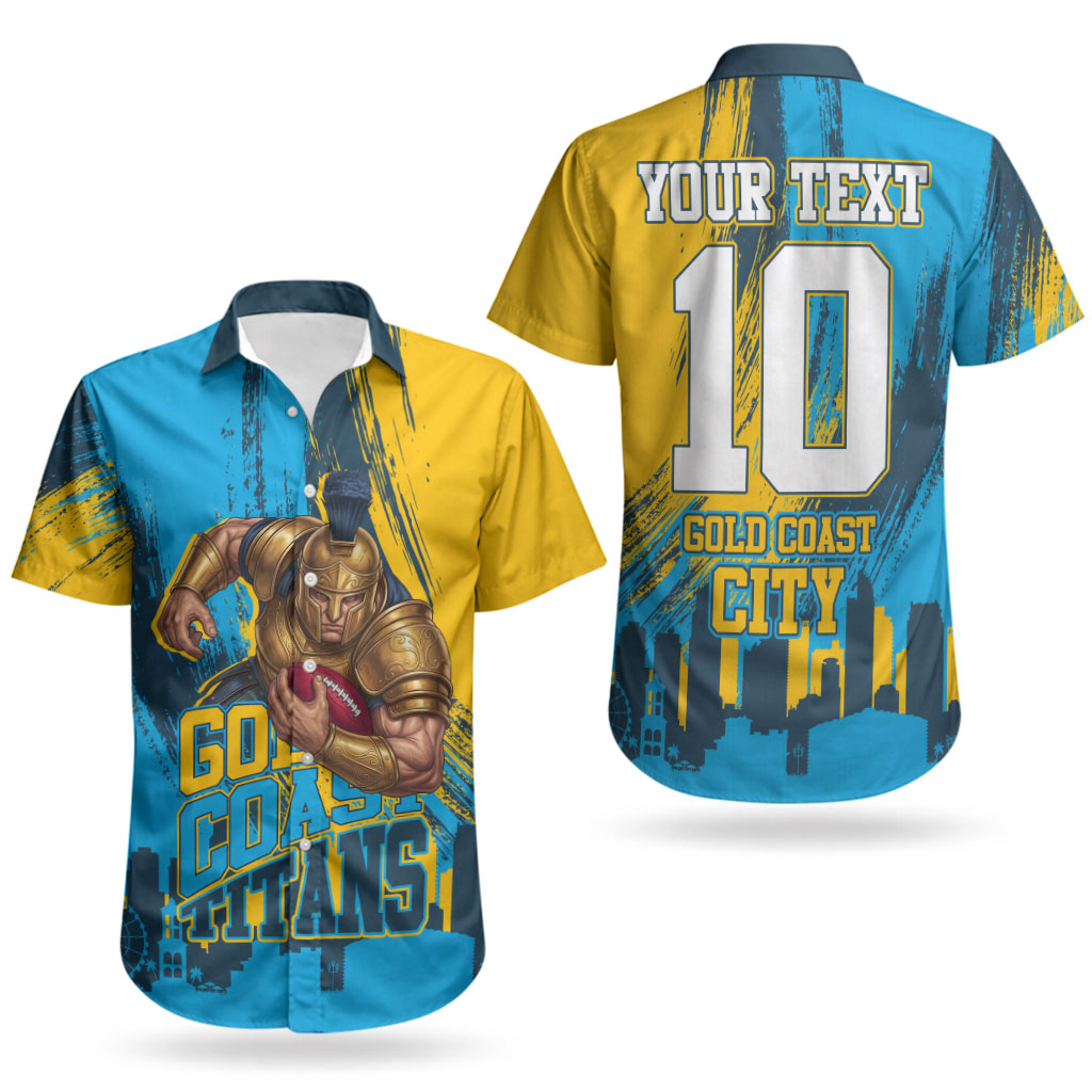 Personalised Gold Coast Titans Rugby Couples Matching Off The Shoulder Long Sleeve Dress and Hawaiian Shirt Muscular Titan Mascot City Skyline Graphic