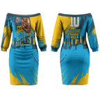 Personalised Gold Coast Titans Rugby Couples Matching Off The Shoulder Long Sleeve Dress and Hawaiian Shirt Muscular Titan Mascot City Skyline Graphic