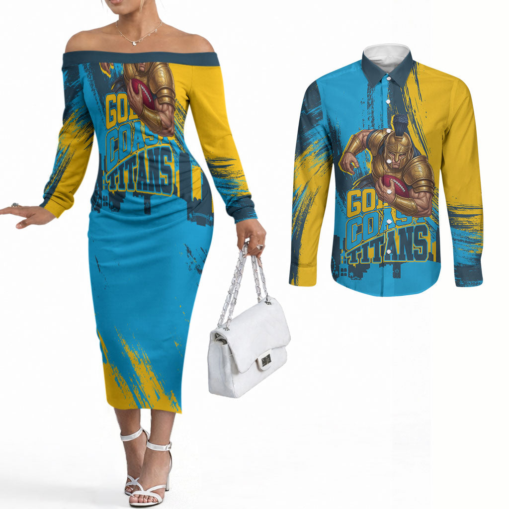 Personalised Gold Coast Titans Rugby Couples Matching Off The Shoulder Long Sleeve Dress and Long Sleeve Button Shirt Muscular Titan Mascot City Skyline Graphic