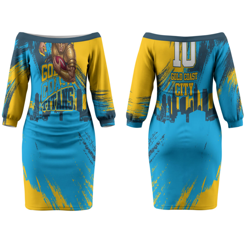 Personalised Gold Coast Titans Rugby Couples Matching Off The Shoulder Long Sleeve Dress and Long Sleeve Button Shirt Muscular Titan Mascot City Skyline Graphic