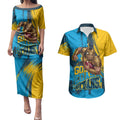 Personalised Gold Coast Titans Rugby Couples Matching Puletasi and Hawaiian Shirt Muscular Titan Mascot City Skyline Graphic