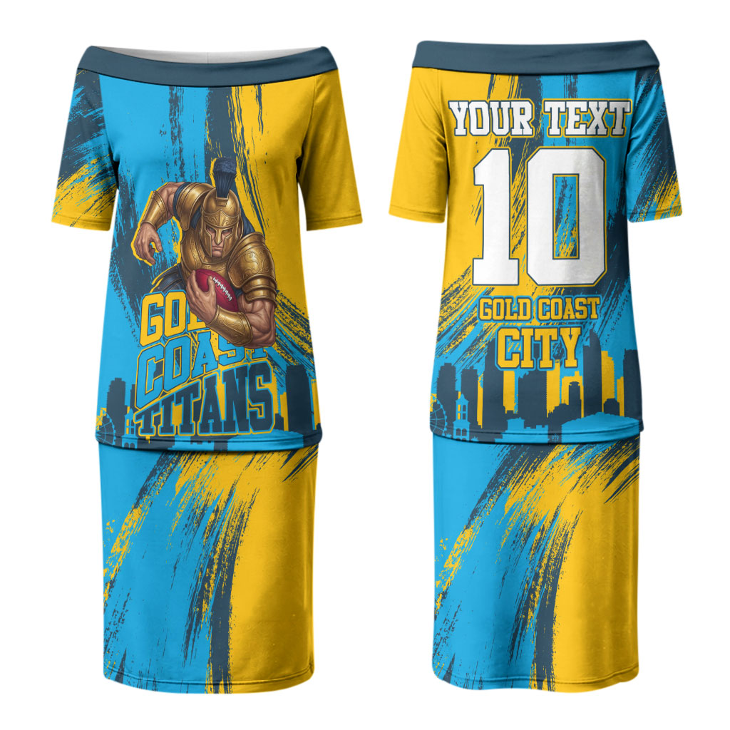 Personalised Gold Coast Titans Rugby Couples Matching Puletasi and Hawaiian Shirt Muscular Titan Mascot City Skyline Graphic