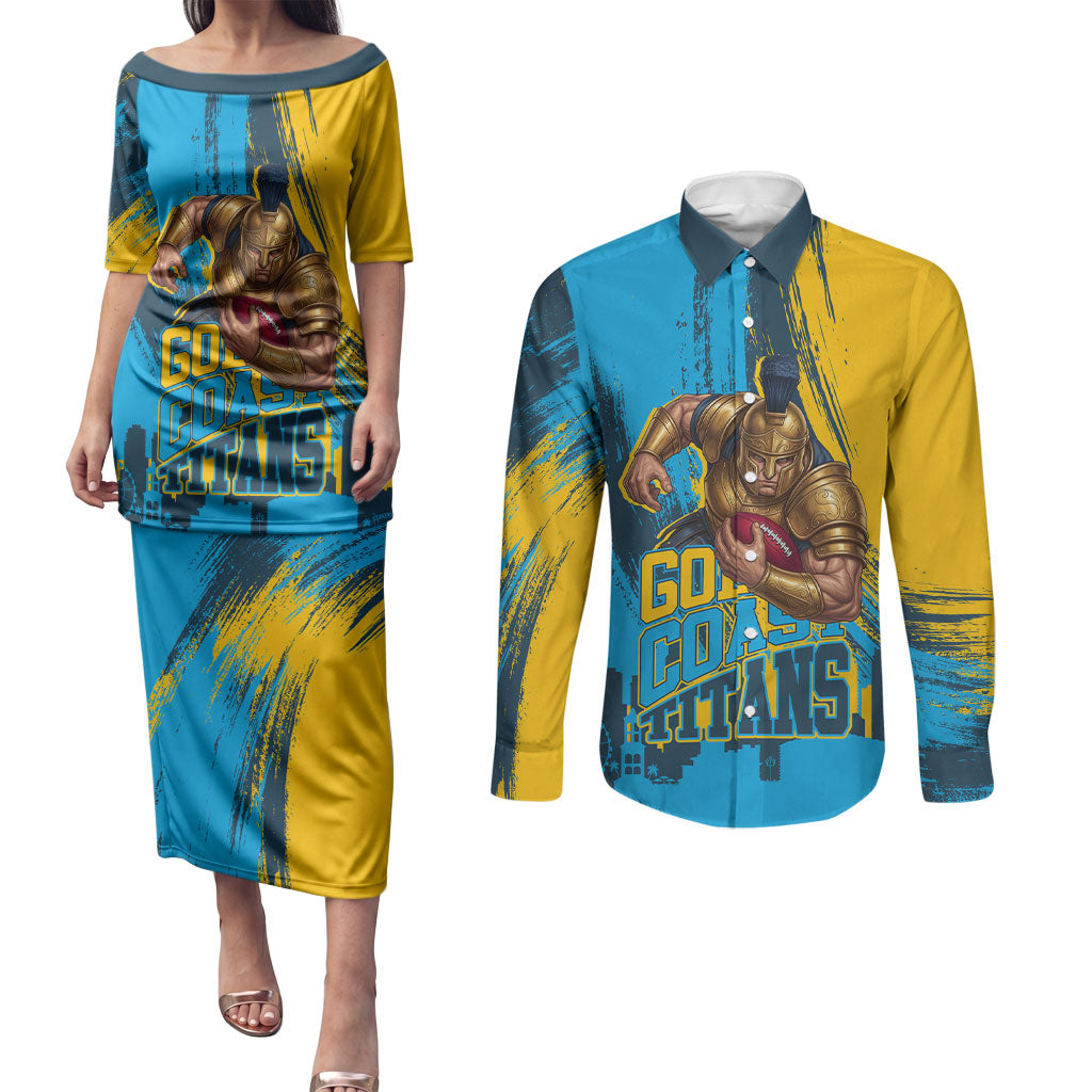 Personalised Gold Coast Titans Rugby Couples Matching Puletasi and Long Sleeve Button Shirt Muscular Titan Mascot City Skyline Graphic