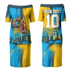 Personalised Gold Coast Titans Rugby Couples Matching Puletasi and Long Sleeve Button Shirt Muscular Titan Mascot City Skyline Graphic