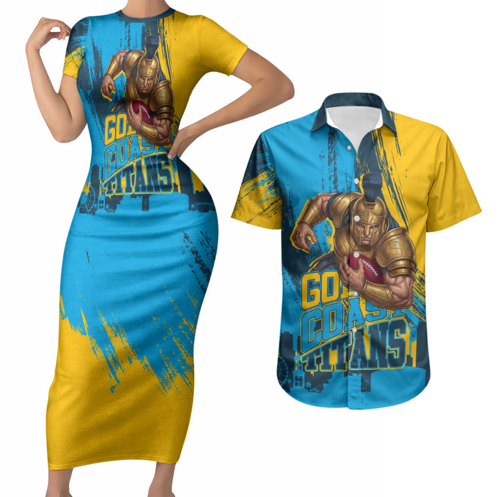 Personalised Gold Coast Titans Rugby Couples Matching Short Sleeve Bodycon Dress and Hawaiian Shirt Muscular Titan Mascot City Skyline Graphic