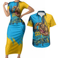 Personalised Gold Coast Titans Rugby Couples Matching Short Sleeve Bodycon Dress and Hawaiian Shirt Muscular Titan Mascot City Skyline Graphic