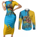 Personalised Gold Coast Titans Rugby Couples Matching Short Sleeve Bodycon Dress and Long Sleeve Button Shirt Muscular Titan Mascot City Skyline Graphic