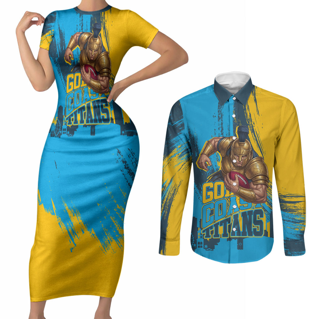 Personalised Gold Coast Titans Rugby Couples Matching Short Sleeve Bodycon Dress and Long Sleeve Button Shirt Muscular Titan Mascot City Skyline Graphic