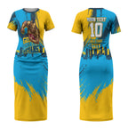 Personalised Gold Coast Titans Rugby Couples Matching Short Sleeve Bodycon Dress and Long Sleeve Button Shirt Muscular Titan Mascot City Skyline Graphic