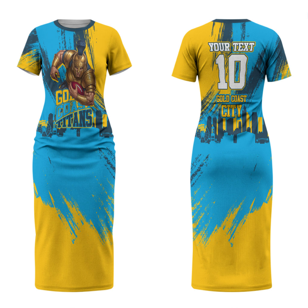 Personalised Gold Coast Titans Rugby Couples Matching Short Sleeve Bodycon Dress and Long Sleeve Button Shirt Muscular Titan Mascot City Skyline Graphic