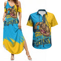 Personalised Gold Coast Titans Rugby Couples Matching Summer Maxi Dress and Hawaiian Shirt Muscular Titan Mascot City Skyline Graphic