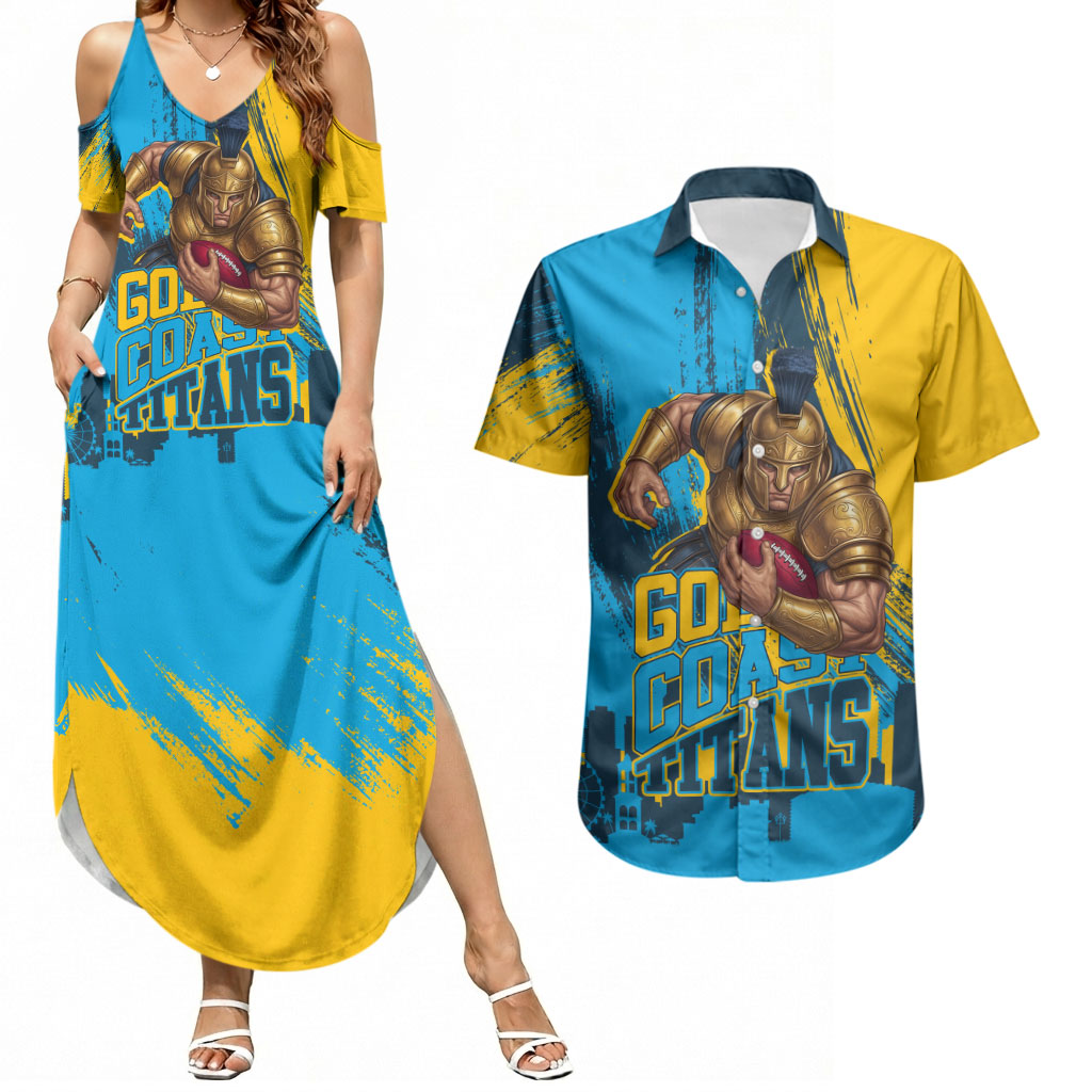 Personalised Gold Coast Titans Rugby Couples Matching Summer Maxi Dress and Hawaiian Shirt Muscular Titan Mascot City Skyline Graphic