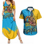 Personalised Gold Coast Titans Rugby Couples Matching Summer Maxi Dress and Hawaiian Shirt Muscular Titan Mascot City Skyline Graphic