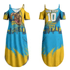 Personalised Gold Coast Titans Rugby Couples Matching Summer Maxi Dress and Hawaiian Shirt Muscular Titan Mascot City Skyline Graphic