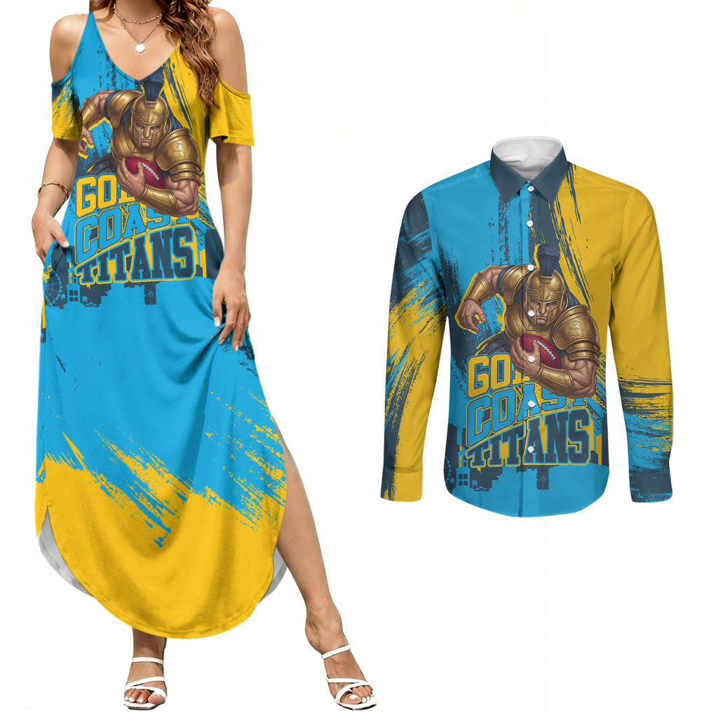 Personalised Gold Coast Titans Rugby Couples Matching Summer Maxi Dress and Long Sleeve Button Shirt Muscular Titan Mascot City Skyline Graphic
