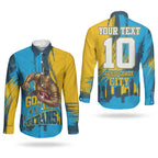 Personalised Gold Coast Titans Rugby Couples Matching Summer Maxi Dress and Long Sleeve Button Shirt Muscular Titan Mascot City Skyline Graphic