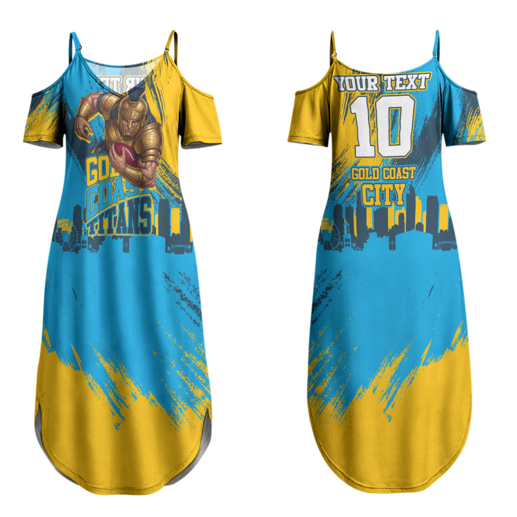 Personalised Gold Coast Titans Rugby Couples Matching Summer Maxi Dress and Long Sleeve Button Shirt Muscular Titan Mascot City Skyline Graphic