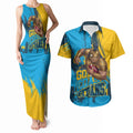 Personalised Gold Coast Titans Rugby Couples Matching Tank Maxi Dress and Hawaiian Shirt Muscular Titan Mascot City Skyline Graphic