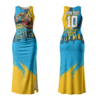 Personalised Gold Coast Titans Rugby Couples Matching Tank Maxi Dress and Hawaiian Shirt Muscular Titan Mascot City Skyline Graphic