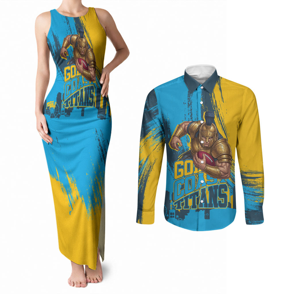 Personalised Gold Coast Titans Rugby Couples Matching Tank Maxi Dress and Long Sleeve Button Shirt Muscular Titan Mascot City Skyline Graphic