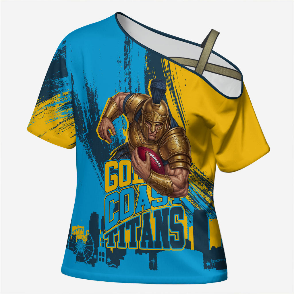 Personalised Gold Coast Titans Rugby Cross Shoulder Shirt Muscular Titan Mascot City Skyline Graphic