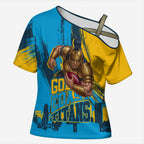 Personalised Gold Coast Titans Rugby Cross Shoulder Shirt Muscular Titan Mascot City Skyline Graphic