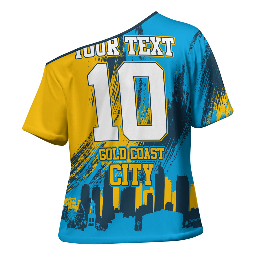 Personalised Gold Coast Titans Rugby Cross Shoulder Shirt Muscular Titan Mascot City Skyline Graphic