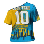 Personalised Gold Coast Titans Rugby Cross Shoulder Shirt Muscular Titan Mascot City Skyline Graphic