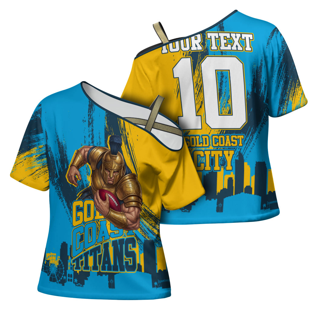 Personalised Gold Coast Titans Rugby Cross Shoulder Shirt Muscular Titan Mascot City Skyline Graphic