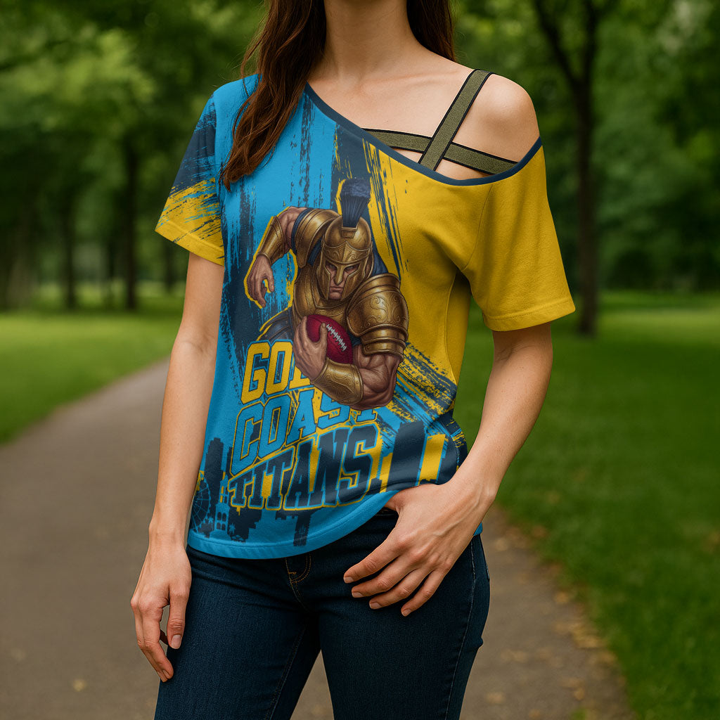 Personalised Gold Coast Titans Rugby Cross Shoulder Shirt Muscular Titan Mascot City Skyline Graphic
