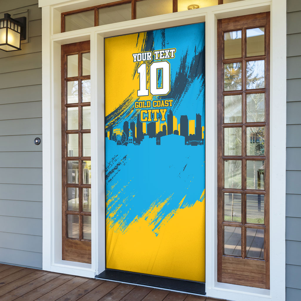 Personalised Gold Coast Titans Rugby Door Cover Muscular Titan Mascot City Skyline Graphic