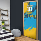 Personalised Gold Coast Titans Rugby Door Cover Muscular Titan Mascot City Skyline Graphic