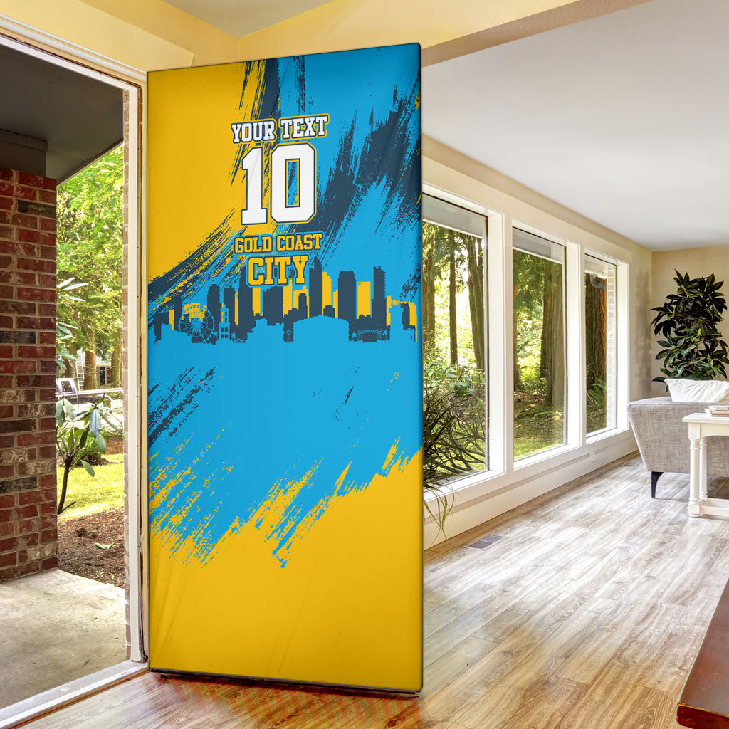 Personalised Gold Coast Titans Rugby Door Cover Muscular Titan Mascot City Skyline Graphic